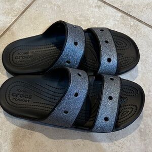 New! Crocs Classic Double Strap Black Silver Glitter Classic Slide Sandals 10